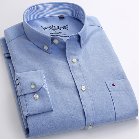 Men's Long Sleeve Oxford Plaid Striped Casual Shirt Front Patch Chest Pocket