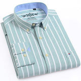 Men's Long Sleeve Oxford Plaid Striped Casual Shirt Front Patch Chest Pocket