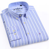 Men's Long Sleeve Oxford Plaid Striped Casual Shirt Front Patch Chest Pocket