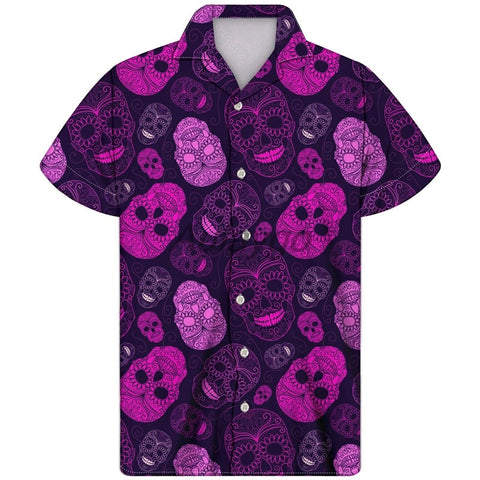 Purple Skull Print Tela Calaveras Hawaiian Fabric Shirt Summer Men Plus